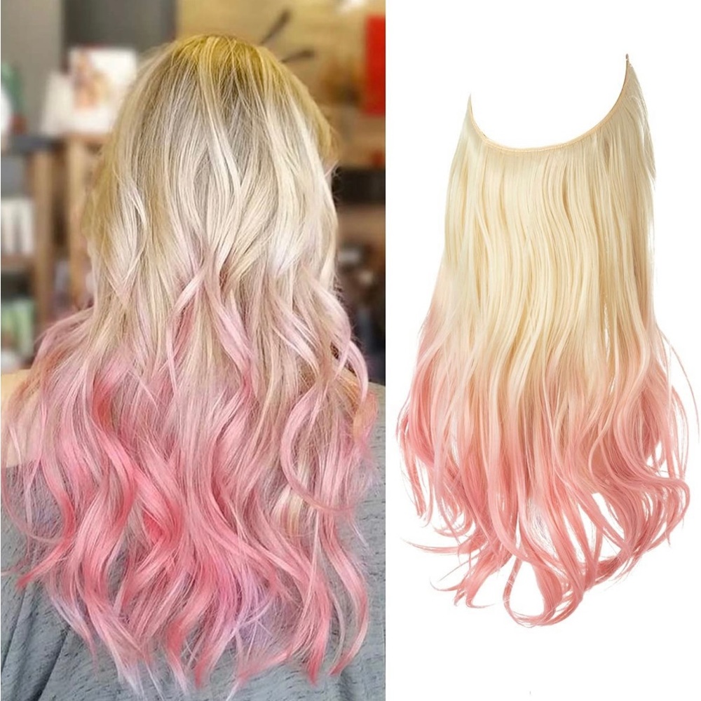 -22 inch pink to blonde ombré color fish line band halo hair extension